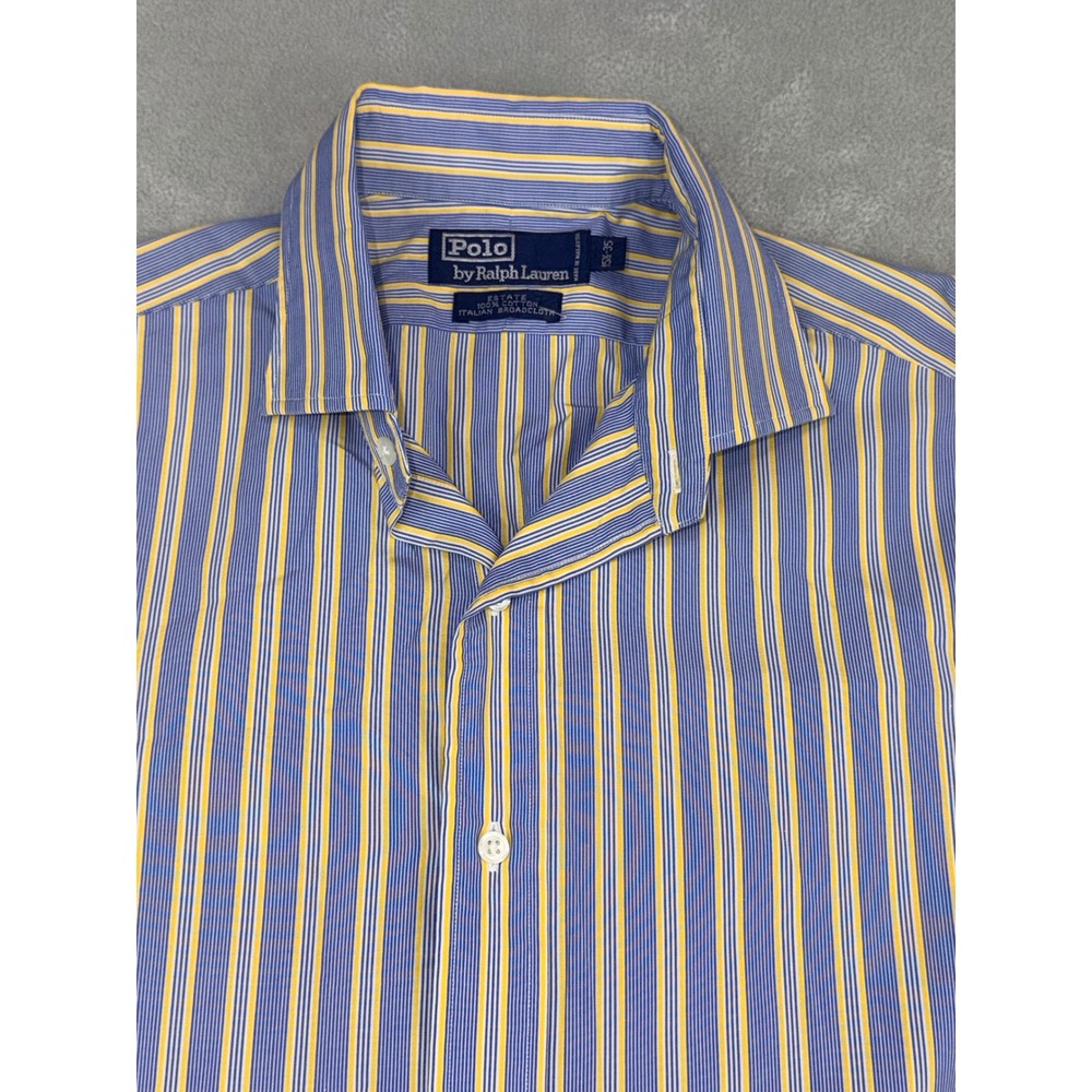 Polo Ralph Lauren Estate Dress‎ Shirt Mens 15.5X35 Blue Yellow Stripe Broadcloth